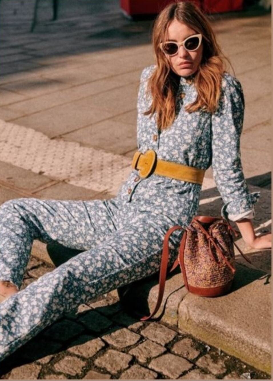 Sezane Michel Jumpsuit Two-Tone Blue Flower Floral Cotton Size 40 US 8
